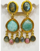 Boucles Labradorite Amazonite et Rhodochrosite à Clips Laiton Plaqué Or Collection NIIKI PARIS