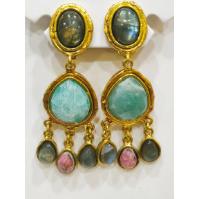 Boucles Labradorite Amazonite et Rhodochrosite à Clips Laiton Plaqué Or Collection NIIKI PARIS