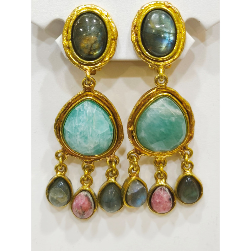 Boucles Labradorite Amazonite et Rhodochrosite à Clips Laiton Plaqué Or Collection NIIKI PARIS