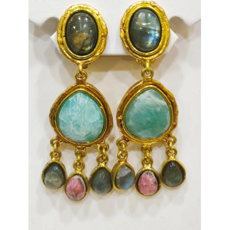 Boucles Labradorite Amazonite et Rhodochrosite à Clips Laiton Plaqué Or Collection NIIKI PARIS