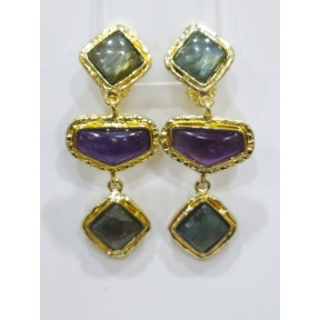 Boucles Labradorite Améthyste à Clips Laiton Plaqué Or Collection NIIKI PARIS