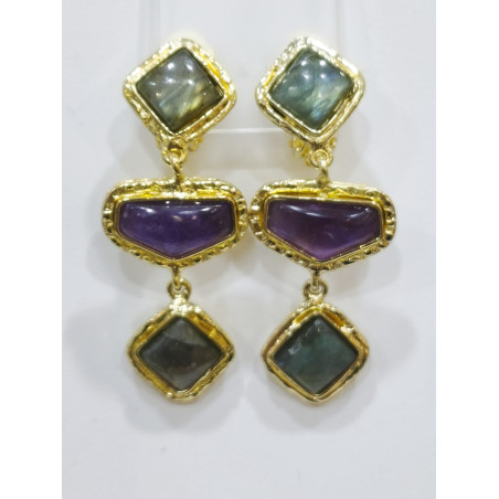 Boucles Labradorite Améthyste à Clips Laiton Plaqué Or Collection NIIKI PARIS