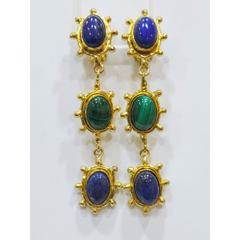 Boucles Lapis-Lazuli et Malachite à Clips Laiton Plaqué Or Collection NIIKI PARIS
