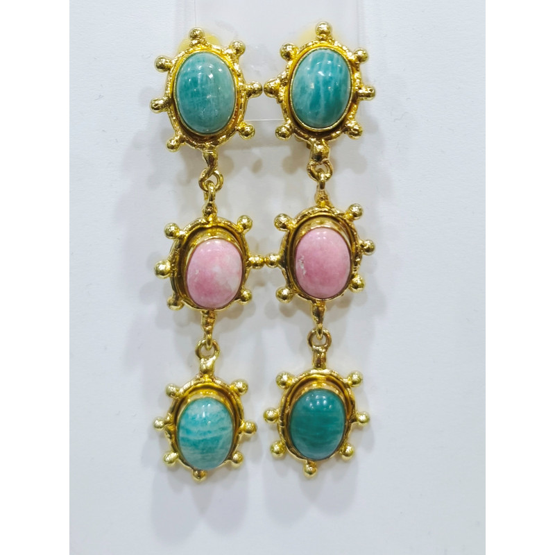 Boucles Amazonite et Rhodochrosite à Clips Laiton Plaqué Or Collection NIIKI PARIS