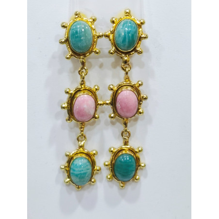Boucles Amazonite et Rhodochrosite à Clips Laiton Plaqué Or Collection NIIKI PARIS