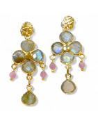 Boucles Labradorite et Tourmaline Rose Argent 925 Plaqué Or Vermeil