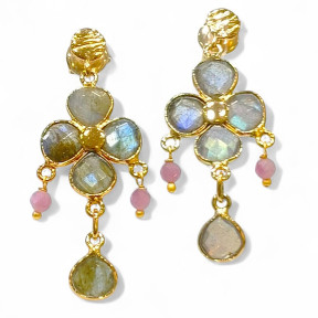 Boucles Labradorite et Tourmaline Rose Argent 925 Plaqué Or Vermeil