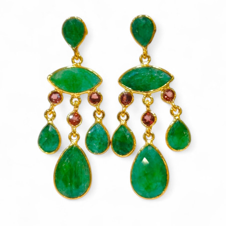 Boucles Emeraude et Grenat Argent 925 Plaqué Or Vermeil