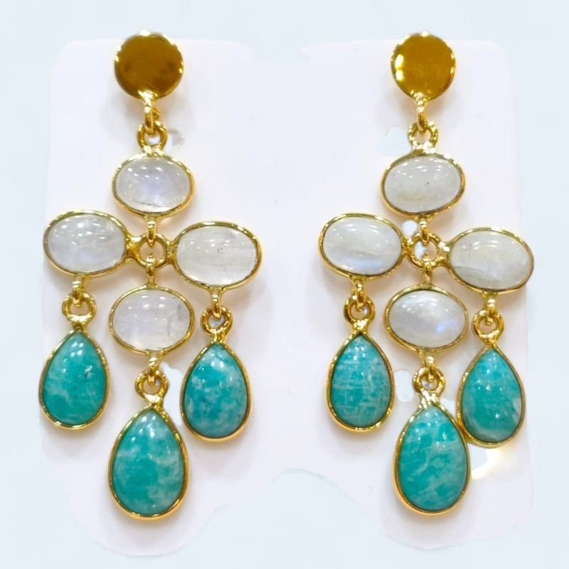 Boucles Amazonite et Pierre de Lune Argent 925 Plaqué Or Vermeil