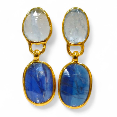 Boucles Cyanite et Aigue Marine Argent 925 Plaqué Or Vermeil