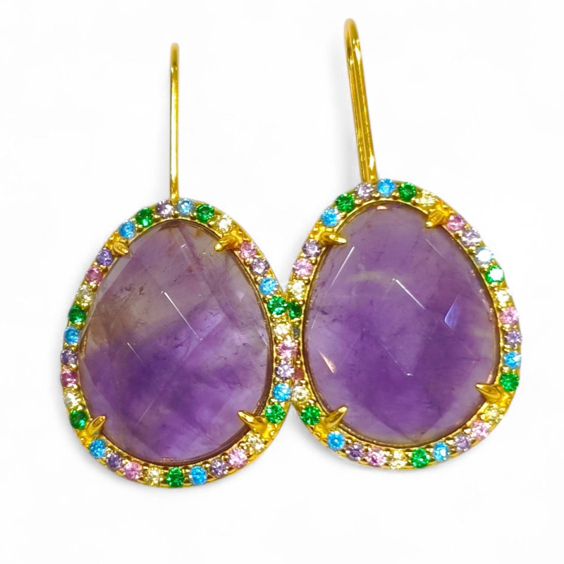 Boucles Améthyste et Zirconium Multicolore Argent 925 Plaqué Or Vermeil