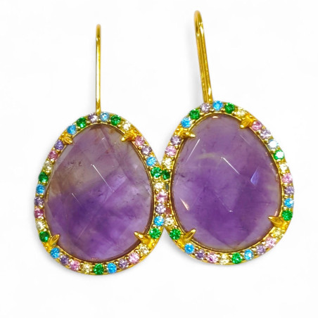 Boucles Améthyste et Zirconium Multicolore Argent 925 Plaqué Or Vermeil