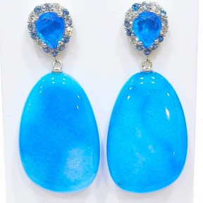 Boucles Jade Bleu et Zirconium Argent 925 Plaqué Or Vermeil