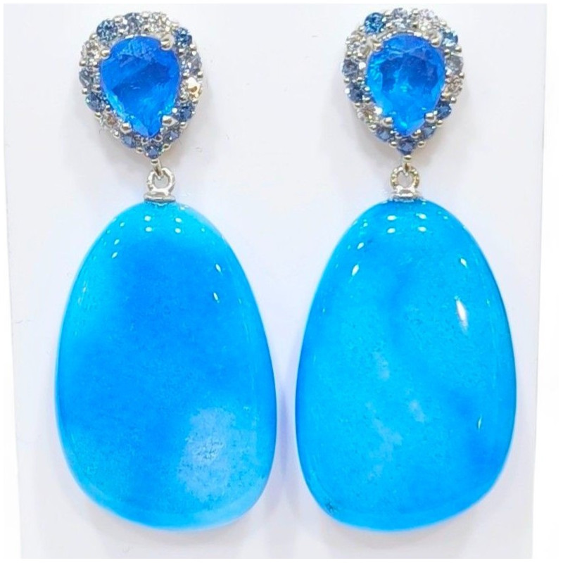 Boucles Jade Bleu et Zirconium Argent 925 Plaqué Or Vermeil