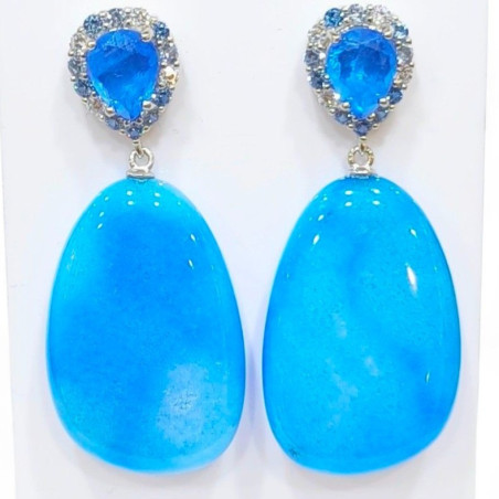 Boucles Jade Bleu et Zirconium Argent 925 Plaqué Or Vermeil