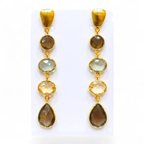 Boucles Améthyste Verte Citrine et Quartz Fumé Argent 925 Plaqué Or Vermeil