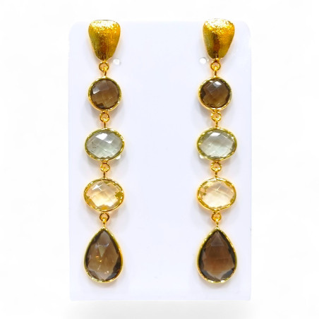 Boucles Améthyste Verte Citrine et Quartz Fumé Argent 925 Plaqué Or Vermeil