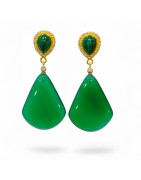 Boucles Agate Malachite et Zirconium Argent 925 Plaqué Or Vermeil