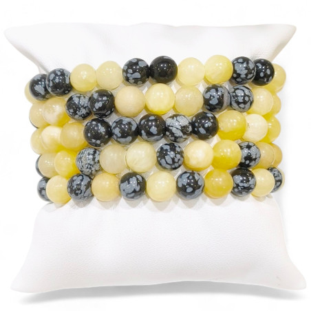 Bracelet Calcite Jaune et Obsidienne Neigeuse Pierre Rondes 8mm