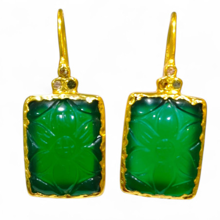 Boucles Agate Verte Fleur Laiton Plaqué Or Collection NIIKI