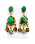 Boucles Agate Malachite Œil de Tigre Amazonite Laiton Plaqué Or Collection NIIKI