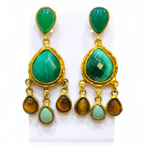 Boucles Agate Malachite Œil de Tigre Amazonite Laiton Plaqué Or Collection NIIKI