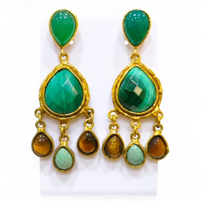 Boucles Agate Malachite Œil de Tigre Amazonite Laiton Plaqué Or Collection NIIKI