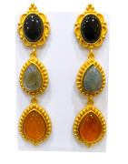 Boucles Onyx Labradorite et Ambre Laiton Plaqué Or Collection NIIKI