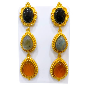 Boucles Onyx Labradorite et Ambre Laiton Plaqué Or Collection NIIKI