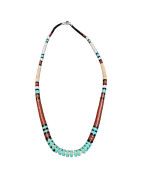 Collier Turquoise Jaspe Onyx et coquillages Amérindien Tribu Zuni Fermoir Argent 925