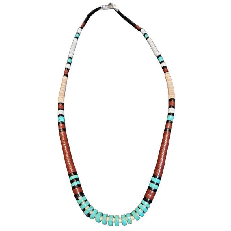 Collier Turquoise Jaspe Onyx et coquillages Amérindien Tribu Zuni Fermoir Argent 925