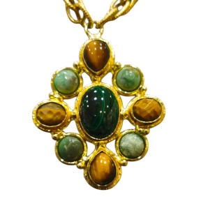 Collier Malachite Œil de Tigre et Amazonite Laiton Plaqué Or Collection NIIKI PARIS