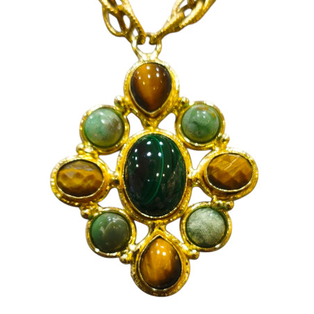 Collier Malachite Œil de Tigre et Amazonite Laiton Plaqué Or Collection NIIKI PARIS