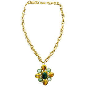 Collier Malachite Œil de Tigre et Amazonite Laiton Plaqué Or Collection NIIKI PARIS