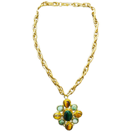 Collier Malachite Œil de Tigre et Amazonite Laiton Plaqué Or Collection NIIKI PARIS