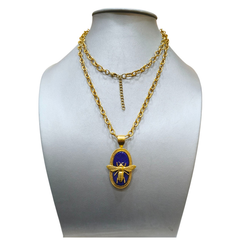 Collier Lapis-Lazuli Sautoir 94 cm Abeilles Laiton Plaqué Or Collection NIIKI PARIS