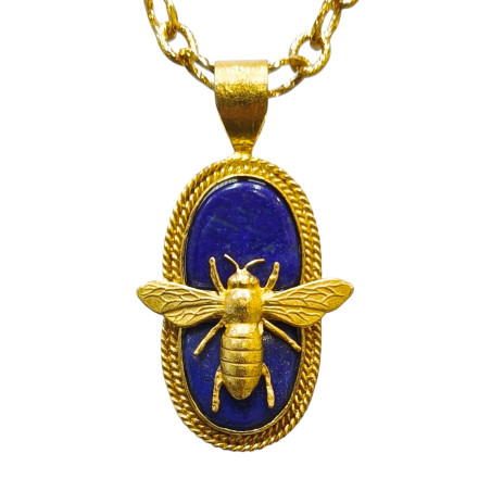 Collier Lapis-Lazuli Sautoir 94 cm Abeilles Laiton Plaqué Or Collection NIIKI PARIS