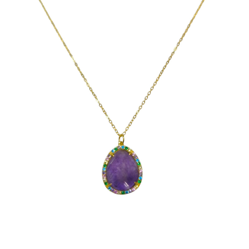 Pendentif Améthyste et Zirconium Multicolore avec Chaîne Argent 925 Plaqué Or Vermeil