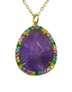 Pendentif Améthyste et Zirconium Multicolore avec Chaîne Argent 925 Plaqué Or Vermeil