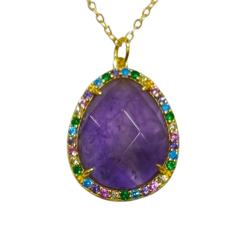 Pendentif Améthyste et Zirconium Multicolore avec Chaîne Argent 925 Plaqué Or Vermeil