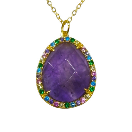Pendentif Améthyste et Zirconium Multicolore avec Chaîne Argent 925 Plaqué Or Vermeil