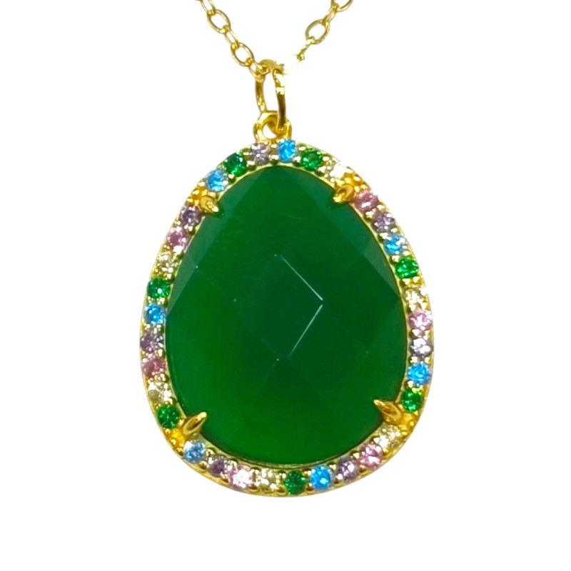 Pendentif Agate et Zirconium Multicolore avec Chaîne Argent 925 Plaqué Or Vermeil