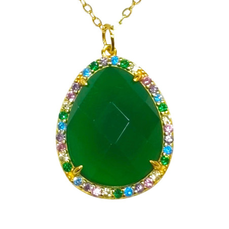 Pendentif Agate et Zirconium Multicolore avec Chaîne Argent 925 Plaqué Or Vermeil