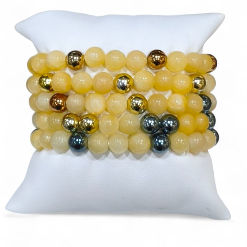 Bracelet Calcite Jaune avec Inserts Billes Acier / Dorées Pierre Rondes 8mm