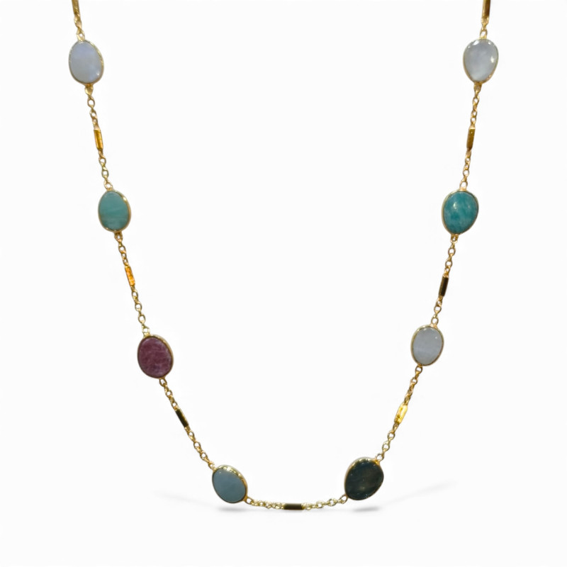 Collier Labradorite Aigue Marine Amazonite Pierre de Lune Rubis Agent 925 Plaqué Or "Vermeil" 68cm + 5 Collection NIIKI PARIS