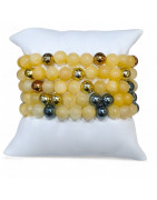 Bracelet Calcite Jaune avec Inserts Billes Acier et Dorées Pierre Rondes 8mm