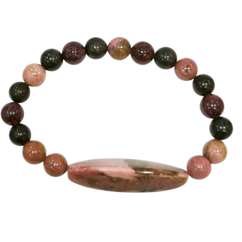Bracelet Rhodochrosite Shungite Lépidolite Pierres Rondes 8mm et Plaque