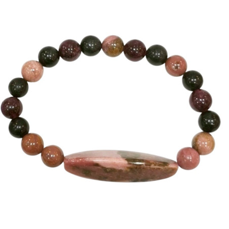 Bracelet Rhodochrosite Shungite Lépidolite Pierres Rondes 8mm et Plaque