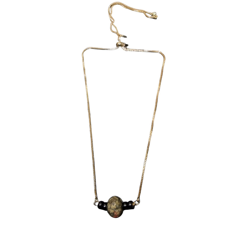 Pendentif Unakite & Onyx sur Chaîne Dorée Réglable