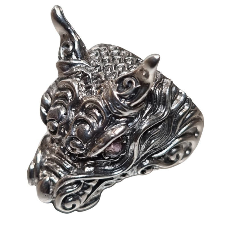 Bague Tête de Dragon Yeux Améthyste Argent 925 Taille 60